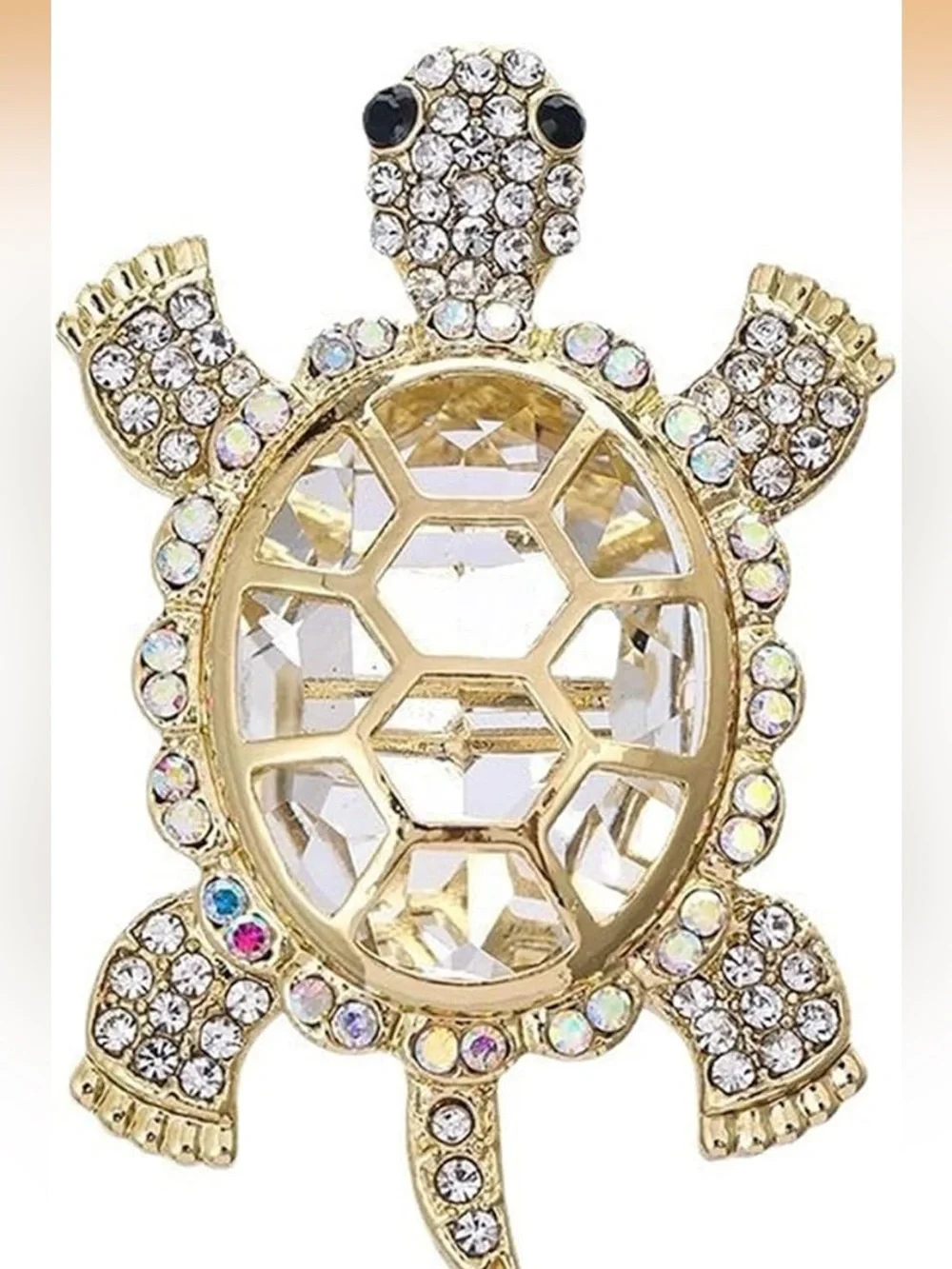 Gold-Tone Turtle Brooch with Clear Crystal Shell